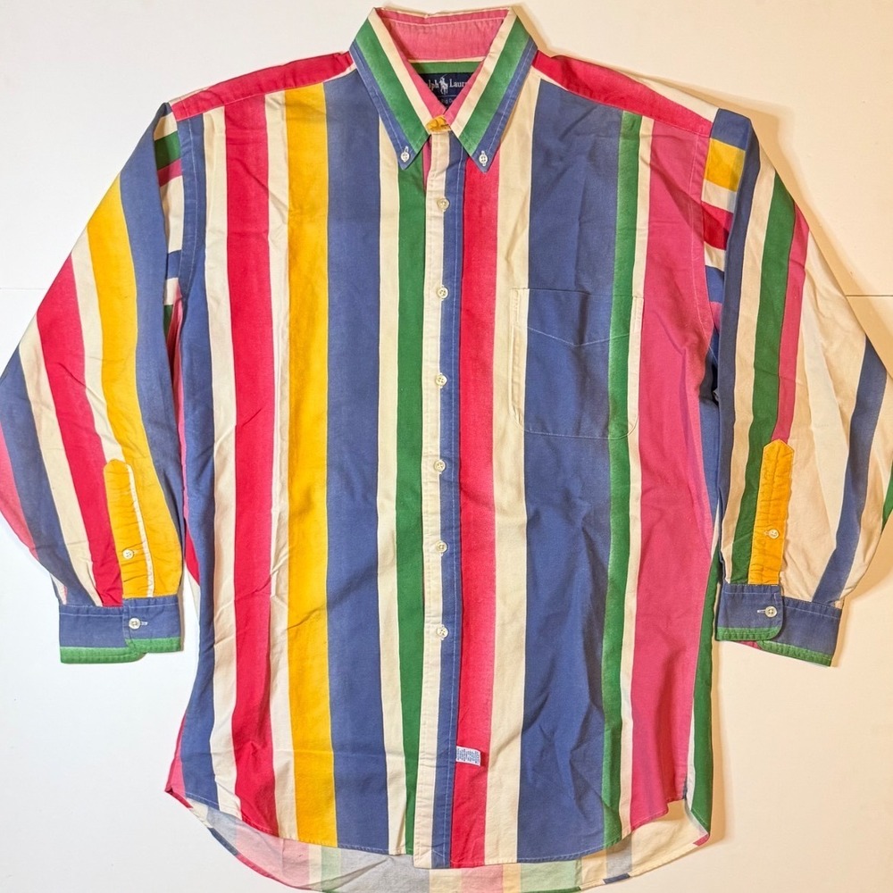 Vintage Ralph Lauren Big Oxford Shirt Mens L Color Block Striped 80s 90s